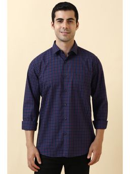 Allen Solly - Men Cotton Checks Collar Neck Slim Fit Navy Blue Shirt