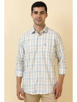 Allen Solly - Men Cotton Checks Collar Neck Slim Fit Beige Shirt