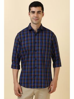 Allen Solly - Men Cotton Checks Collar Neck Slim Fit Navy Blue Shirt