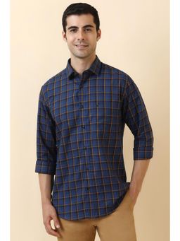Allen Solly - Men Cotton Checks Collar Neck Slim Fit Navy Blue Shirt