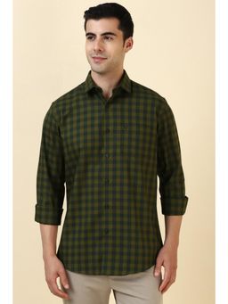 Allen Solly - Men Cotton Checks Collar Neck Slim Fit Olive Shirt