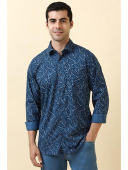 Allen Solly - Men Cotton Printed Collar Neck Slim Fit Blue Shirt