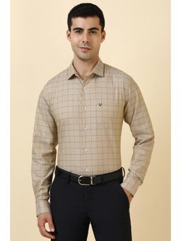Allen Solly - Men Cotton Checks Collar Neck Slim Fit Beige Shirt