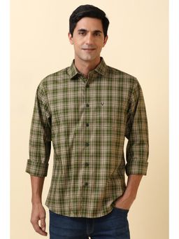 Allen Solly - Men Cotton Checks Collar Neck Slim Fit Olive Shirt