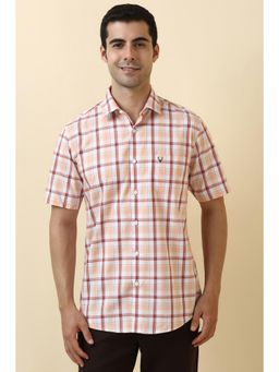 Allen Solly - Men Cotton Checks Collar Neck Slim Fit Peach Shirt
