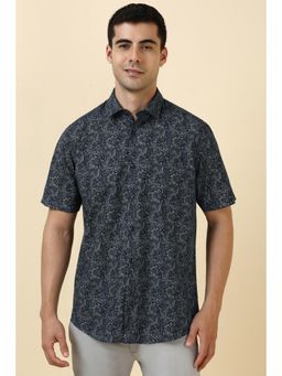 Allen Solly - Men Cotton Blend Printed Collar Neck Slim Fit Navy Blue Shirt