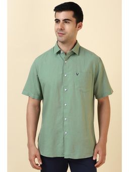 Allen Solly - Men Linen Blend Textured Collar Neck Slim Fit Green Shirt