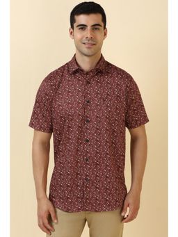 Allen Solly - Men Cotton Printed Collar Neck Slim Fit Maroon Shirt