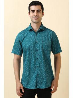 Allen Solly - Men Cotton Printed Collar Neck Slim Fit Green Shirt