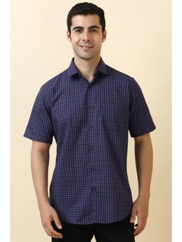 Allen Solly - Men Cotton Checks Collar Neck Slim Fit Navy Blue Shirt