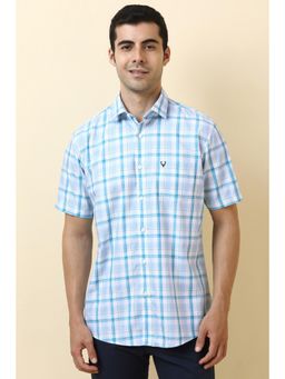 Allen Solly - Men Cotton Checks Collar Neck Slim Fit Light Blue Shirt