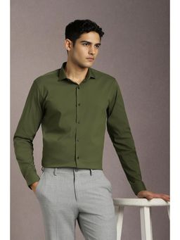 Louis Philippe - Men Cotton Blend Solid Collar Neck Super Slim Fit Olive Shirt