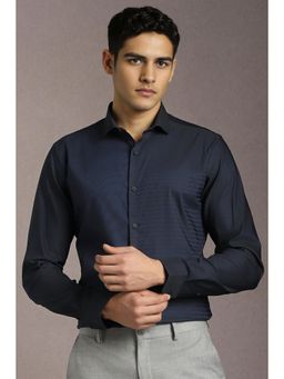 Louis Philippe - Men Cotton Blend Stripes Collar Neck Super Slim Fit Navy Blue Shirt