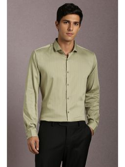 Louis Philippe - Men Cotton Blend Stripes Collar Neck Super Slim Fit Olive Shirt