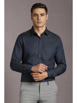 Louis Philippe - Men Cotton Textured Collar Neck Regular Fit Navy Blue Shirt