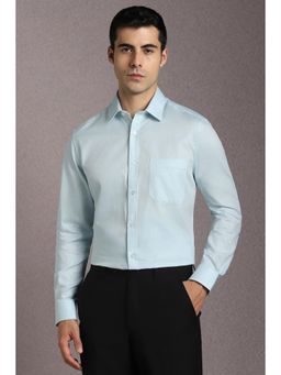 Louis Philippe - Men Cotton Textured Collar Neck Regular Fit Blue Shirt