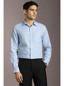 Louis Philippe - Men Cotton Blend Textured Collar Neck Regular Fit Blue Shirt