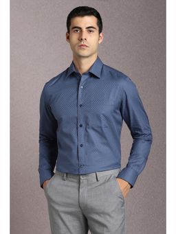 Louis Philippe - Men Cotton Textured Collar Neck Regular Fit Blue Shirt