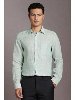 Louis Philippe - Men Linen Stripes Collar Neck Regular Fit Green Shirt