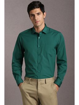 Louis Philippe - Men Cotton Blend Solid Collar Neck Regular Fit Green Shirt