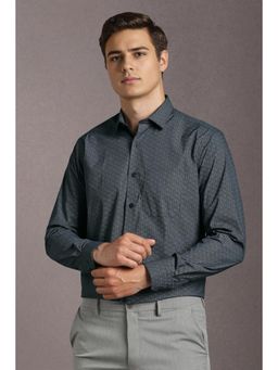 Louis Philippe - Men Cotton Blend Printed Collar Neck Regular Fit Navy Blue Shirt