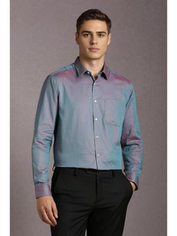 Louis Philippe - Men Cotton Textured Collar Neck Regular Fit Blue Shirt