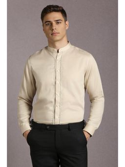 Louis Philippe - Men Cotton Embellished Mandarin Neck Slim Fit Beige Shirt