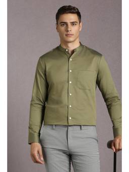 Louis Philippe - Men Cotton Solid Mandarin Neck Slim Fit Olive Shirt