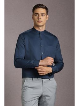 Louis Philippe - Men Cotton Solid Mandarin Neck Slim Fit Navy Blue Shirt