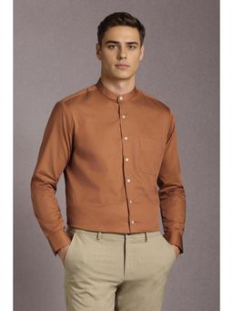 Louis Philippe - Men Cotton Solid Mandarin Neck Slim Fit Brown Shirt