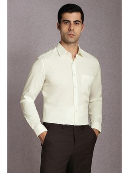 Louis Philippe - Men Cotton Blend Solid Collar Neck Slim Fit Cream Shirt