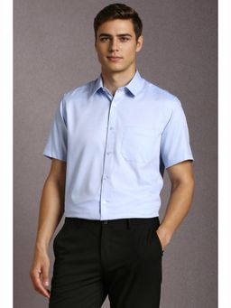 Louis Philippe - Men Cotton Textured Collar Neck Regular Fit Blue Shirt