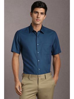 Louis Philippe - Men Cotton Textured Collar Neck Regular Fit Navy Blue Shirt