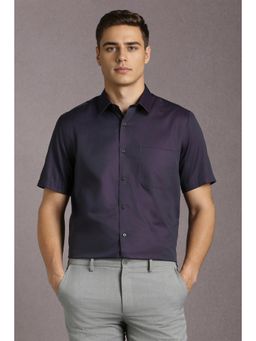 Louis Philippe - Men Cotton Solid Collar Neck Regular Fit Navy Blue Shirt