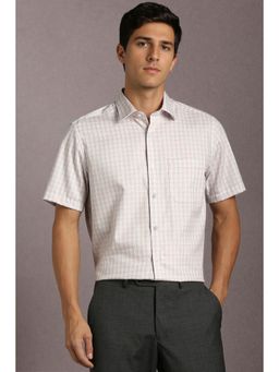 Louis Philippe - Men Cotton Checks Collar Neck Regular Fit Beige Shirt