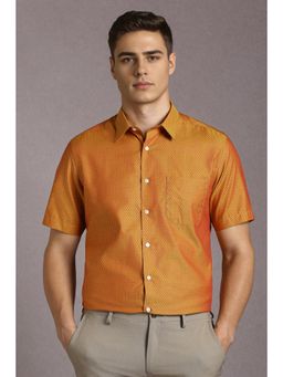Louis Philippe - Men Cotton Textured Collar Neck Regular Fit Orange Shirt