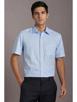 Louis Philippe - Men Cotton Textured Collar Neck Regular Fit Blue Shirt