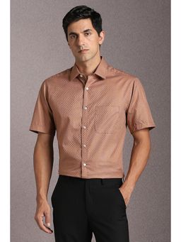 Louis Philippe - Men Cotton Textured Collar Neck Regular Fit Brown Shirt