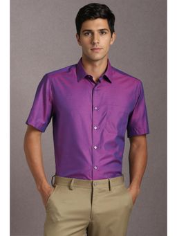 Louis Philippe - Men Cotton Textured Collar Neck Regular Fit Purple Shirt