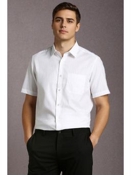 Louis Philippe - Men Cotton Blend Textured Collar Neck Regular Fit White Shirt