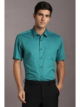 Louis Philippe - Men Cotton Textured Collar Neck Regular Fit Green Shirt