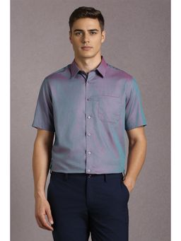 Louis Philippe - Men Cotton Textured Collar Neck Regular Fit Purple Shirt