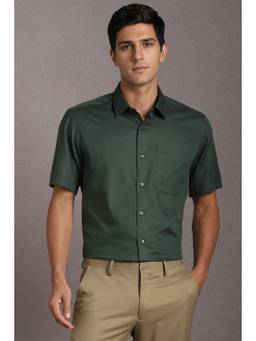 Louis Philippe - Men Cotton Textured Collar Neck Regular Fit Green Shirt
