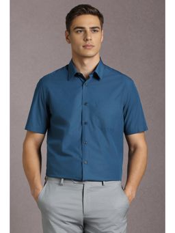 Louis Philippe - Men Cotton Solid Collar Neck Regular Fit Blue Shirt