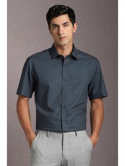 Louis Philippe - Men Cotton Printed Collar Neck Regular Fit Navy Blue Shirt