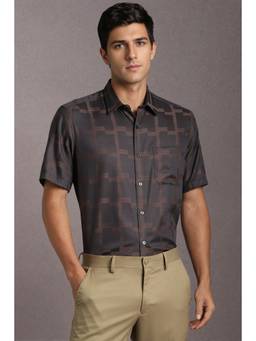 Louis Philippe - Men Cotton Printed Collar Neck Regular Fit Brown Shirt