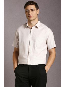 Louis Philippe - Men Cotton Blend Textured Collar Neck Regular Fit Beige Shirt