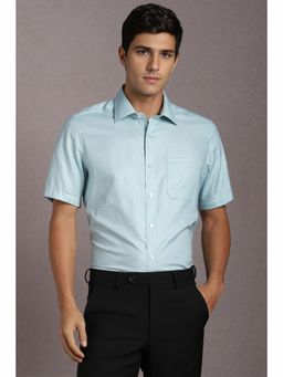 Louis Philippe - Men Cotton Textured Collar Neck Regular Fit Blue Shirt