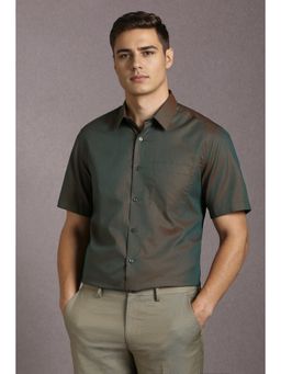 Louis Philippe - Men Cotton Textured Collar Neck Regular Fit Green Shirt