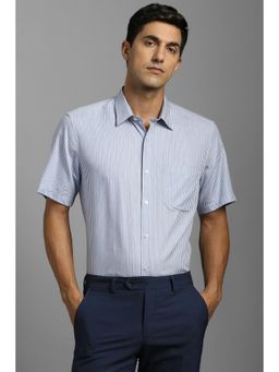 Louis Philippe - Men Cotton Blend Stripes Collar Neck Regular Fit Blue Shirt